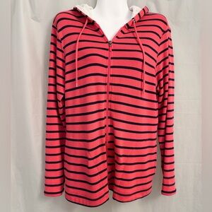 L.L. Bean Coral and Navy Striped full zip hoodie
PTP 21”, L 26” 100% cotton